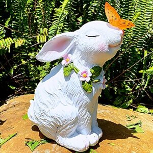 ironrain solar garden statues rabbits with butterfly halloween decoration lights sculpture, solar powered outdoor art décor bunny figurine ornament resin lights for patio lawn front yard (white)