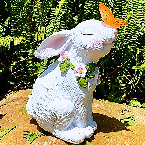 iRonrain Solar Garden Statues Rabbits with Butterfly Halloween Decoration Lights Sculpture, Solar Powered Outdoor Art Décor Bunny Figurine Ornament Resin Lights for Patio Lawn Front Yard (White)