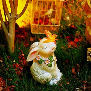 iRonrain Solar Garden Statues Rabbits with Butterfly Halloween Decoration Lights Sculpture, Solar Powered Outdoor Art Décor Bunny Figurine Ornament Resin Lights for Patio Lawn Front Yard (White)