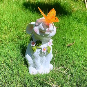 iRonrain Solar Garden Statues Rabbits with Butterfly Halloween Decoration Lights Sculpture, Solar Powered Outdoor Art Décor Bunny Figurine Ornament Resin Lights for Patio Lawn Front Yard (White)