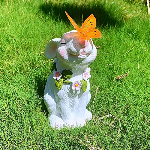 iRonrain Solar Garden Statues Rabbits with Butterfly Halloween Decoration Lights Sculpture, Solar Powered Outdoor Art Décor Bunny Figurine Ornament Resin Lights for Patio Lawn Front Yard (White)