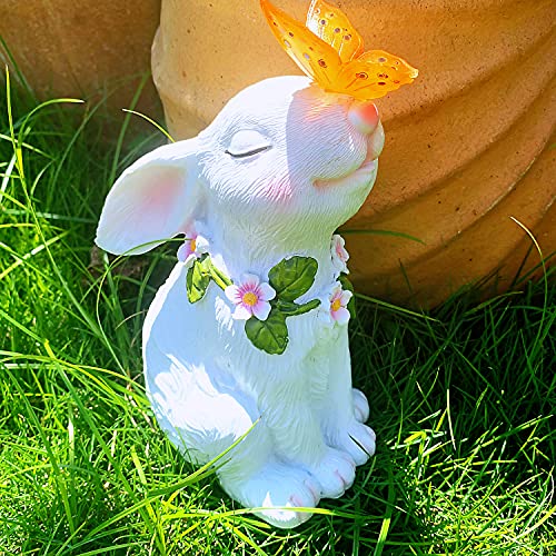 iRonrain Solar Garden Statues Rabbits with Butterfly Halloween Decoration Lights Sculpture, Solar Powered Outdoor Art Décor Bunny Figurine Ornament Resin Lights for Patio Lawn Front Yard (White)