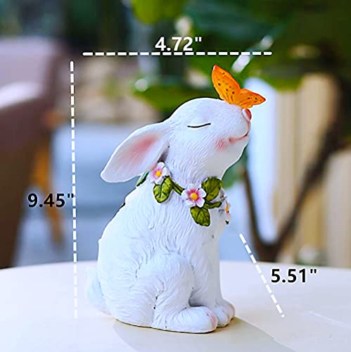 iRonrain Solar Garden Statues Rabbits with Butterfly Halloween Decoration Lights Sculpture, Solar Powered Outdoor Art Décor Bunny Figurine Ornament Resin Lights for Patio Lawn Front Yard (White)