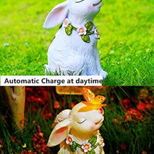 iRonrain Solar Garden Statues Rabbits with Butterfly Halloween Decoration Lights Sculpture, Solar Powered Outdoor Art Décor Bunny Figurine Ornament Resin Lights for Patio Lawn Front Yard (White)