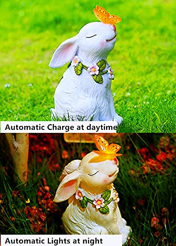 iRonrain Solar Garden Statues Rabbits with Butterfly Halloween Decoration Lights Sculpture, Solar Powered Outdoor Art Décor Bunny Figurine Ornament Resin Lights for Patio Lawn Front Yard (White)