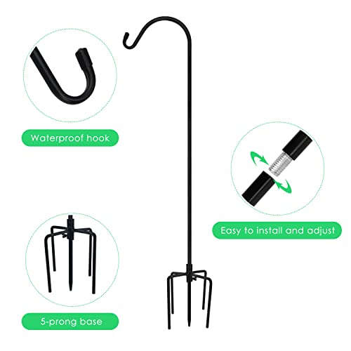 Urban Deco Shepherd Hook 65 Inch 1/2 Inch Thick, Adjustable Metal Garden Pole Heavy Duty Hanger for Bird Feeders, Hanging Plant Basket, Solar Lights Lantern, Weddings Outdoor (Black 4 Pack)