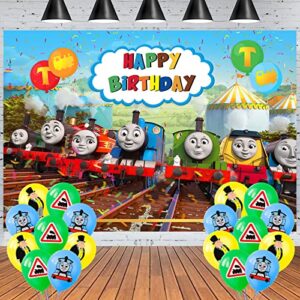 thomas train friends birthday party decoration, thomas party photo background 5 x 3 ft and 24pcs train balloon, thomas train friends party backdrop supplies for boy, girls and baby shower