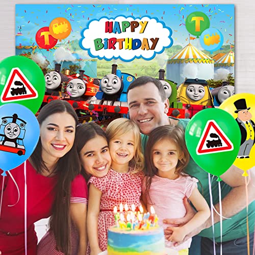 Thomas Train Friends Birthday Party Decoration, Thomas Party Photo Background 5 x 3 FT and 24Pcs Train Balloon, Thomas Train Friends Party Backdrop Supplies for Boy, Girls and Baby Shower