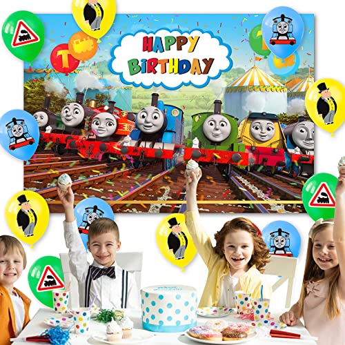 Thomas Train Friends Birthday Party Decoration, Thomas Party Photo Background 5 x 3 FT and 24Pcs Train Balloon, Thomas Train Friends Party Backdrop Supplies for Boy, Girls and Baby Shower