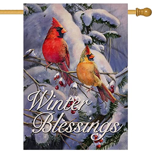 Furiaz Winter Blessings Cardinals Large Decorative House Flag, Red Birds Snowy Home Garden Yard Outside Decorations, Christmas Xmas Holiday Seasonal Outdoor Decor Double Sided 28x40