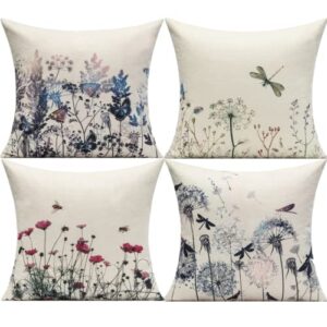 Outdoor Spring Flowers Throw Pillow Covers Patio furniture Bee Butterfly Dragonfly Boho Decorative Cushion Cases Garden Herb Ladybug Dandelion Decoration for Bench Porch Couch 16x16 Inches Set of 4