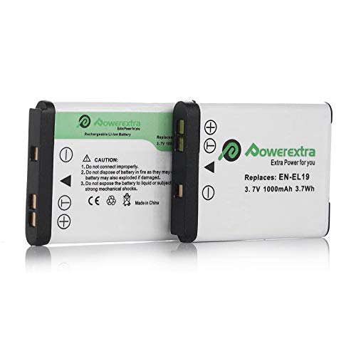 Powerextra 2 x EN-EL19 Batteries Compatible with Nikon Coolpix W150 S32 S100 S2800 S3200 S3300 S3500 S3600 S4100 S4200 S4300 S5200 S5300 S6500 S6600 S6800 S6900 S7000 as Sony NP-BJ1 DSC-RX0