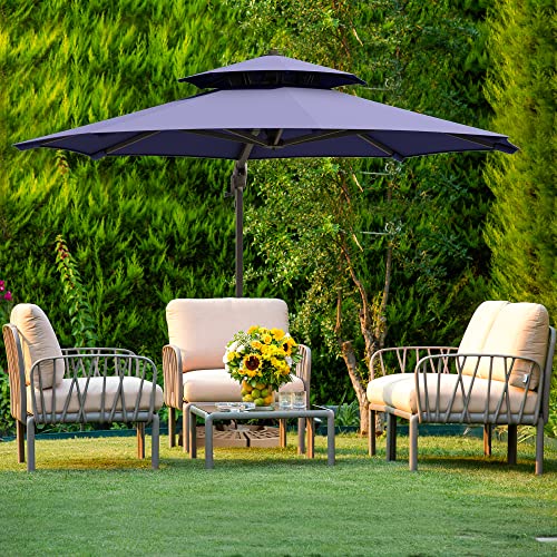 YITAHOME 11ft Patio Umbrella Outdoor Cantilever Umbrella Double Top Round Offset Umbrella w/Heavy Duty Aluminum Frame & Cross Base for Garden Pool Backyard Market (Navy Blue)