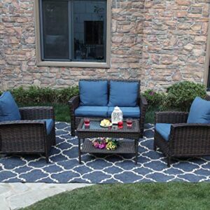 PHI VILLA 4 PCs Outdoor Patio Furniture Conversation Set Wicker Rattan Sofa Set with Coffee Table, Blue Padded Cushion for Garden, Lawn and Deck