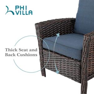 PHI VILLA 4 PCs Outdoor Patio Furniture Conversation Set Wicker Rattan Sofa Set with Coffee Table, Blue Padded Cushion for Garden, Lawn and Deck