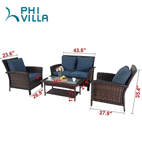 PHI VILLA 4 PCs Outdoor Patio Furniture Conversation Set Wicker Rattan Sofa Set with Coffee Table, Blue Padded Cushion for Garden, Lawn and Deck