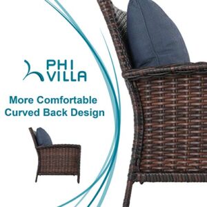 PHI VILLA 4 PCs Outdoor Patio Furniture Conversation Set Wicker Rattan Sofa Set with Coffee Table, Blue Padded Cushion for Garden, Lawn and Deck