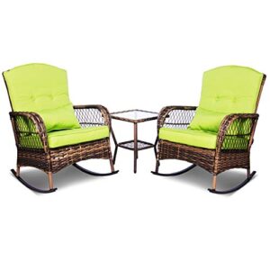 enstver 3 pieces patio conversation set w/ 2 rattan wicker rocking chairs and glass table,for garden backyard lown porch (green)