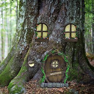 meyas fairy door and windows for trees,glow in the dark yard art sculpture decoration for kids room,wall trees outdoor miniature fairy garden outdoor decor accessories with fairy lantern,easter gift