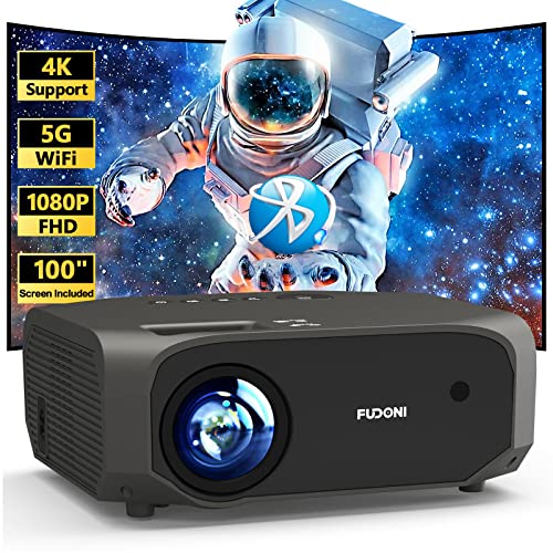 FUDONI Projector with 5G WiFi and Bluetooth, 10000L Native 1080P Portable Outdoor Video Projector 4K Supported, Home Theater Movie Projector with Screen for Phone/PC/TV Stick/PS5