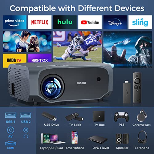 FUDONI Projector with 5G WiFi and Bluetooth, 10000L Native 1080P Portable Outdoor Video Projector 4K Supported, Home Theater Movie Projector with Screen for Phone/PC/TV Stick/PS5