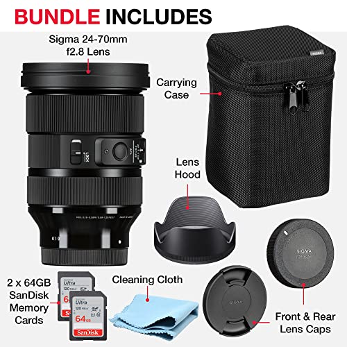 Sigma 24-70mm F2.8 Art for Sony Camera Bundle with Sony 24-70 Sigma Lens, Lens Front and Rear Caps, Lens Hood, Lens Case, 2X 64GB SanDisk Memory Cards (7 Items) - Sigma 24-70mm