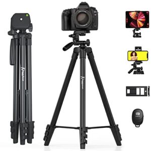 kingjue 60” camera phone tripod stand compatible with canon nikon dslr with universal tablet phone holder remote shutter bubble level and carry bag max load 6.6lb