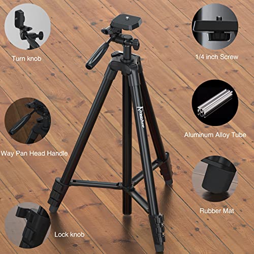 KINGJUE 60'' Camera Phone Tripod Stand Compatible with Canon Nikon DSLR with Universal Tablet Phone Holder Remote Shutter Bubble Level and Carry Bag Max Load 6.6LB