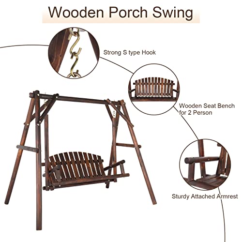 Ochine 6.5 Ft Patio Wooden Porch Swing Outdoor Swing Chair Bench Outdoor Patio Swing Chair Heavy Duty 600 LBS Rustic Hanging Log Porch Swing 2 Seater with Stand for Outdoor Patio Garden Yard