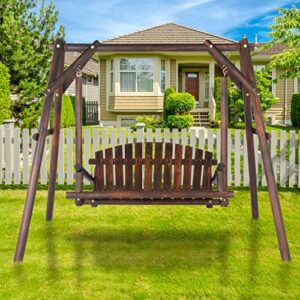 Ochine 6.5 Ft Patio Wooden Porch Swing Outdoor Swing Chair Bench Outdoor Patio Swing Chair Heavy Duty 600 LBS Rustic Hanging Log Porch Swing 2 Seater with Stand for Outdoor Patio Garden Yard