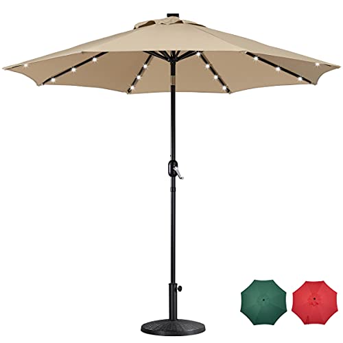 Yaheetech 9FT LED Garden Table Umbrella with Base Outdoor Solar Powered Market Umbrella with 8 Sturdy Ribs, Heavy Duty Umbrella Stand Included, Tan