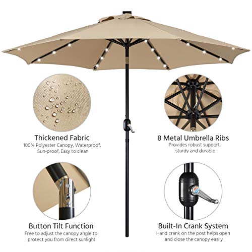 Yaheetech 9FT LED Garden Table Umbrella with Base Outdoor Solar Powered Market Umbrella with 8 Sturdy Ribs, Heavy Duty Umbrella Stand Included, Tan