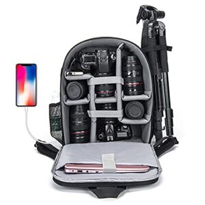 caden camera backpack bag for dslr/slr mirrorless camera waterproof with 15.6 inch laptop compartment, usb charging port, tripod holder, rain cover, camera case compatible for sony canon nikon black l