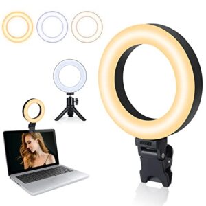 4.5 inch ring light for computer video conference lighting with clip and tripod 3 dimmable color and 10 brightness level easy to use suitable for webcam lighting