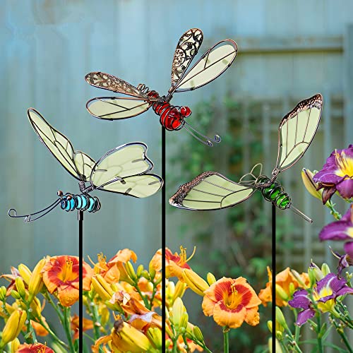 Juegoal 20 Inch Butterfly Garden Stakes Decor, Dragonfly Stakes, Hummingbird Glow in Dark Metal Yard Art for Mom, Mothers Day Ideal Gifts, Indoor Outdoor Lawn Pathway Patio Ornaments, Set of 3