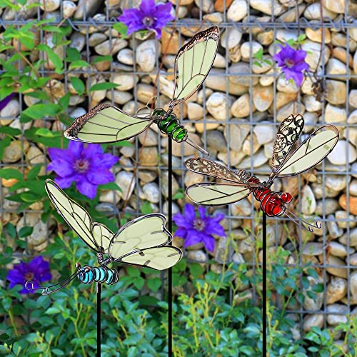 Juegoal 20 Inch Butterfly Garden Stakes Decor, Dragonfly Stakes, Hummingbird Glow in Dark Metal Yard Art for Mom, Mothers Day Ideal Gifts, Indoor Outdoor Lawn Pathway Patio Ornaments, Set of 3