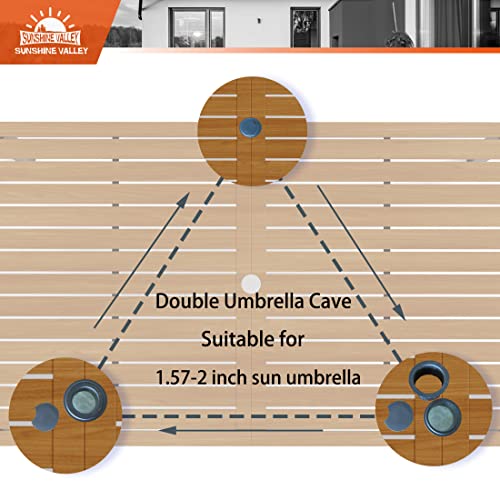 SUNSHINE VALLEY Patio Dining Sets 7 PCS, 6 x Patio Dining Rhombus Chairs Metal Material Teak Color Table Top Rectangular Dining Table with 1.57” Umbrella Hole for Outdoor Kitchen Lawn Garden,Deck.