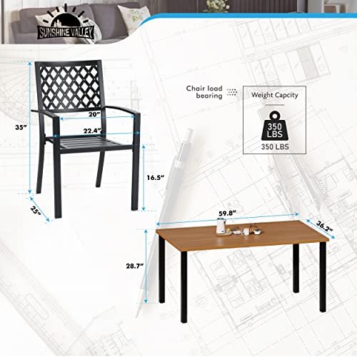 SUNSHINE VALLEY Patio Dining Sets 7 PCS, 6 x Patio Dining Rhombus Chairs Metal Material Teak Color Table Top Rectangular Dining Table with 1.57” Umbrella Hole for Outdoor Kitchen Lawn Garden,Deck.