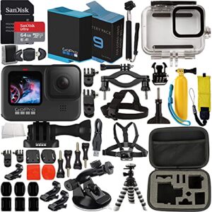 gopro hero9 (hero 9) action camera (black) with premium accessory bundle – includes: sandisk ultra 64gb microsd memory card, spare battery, underwater housing, carrying case, & much more