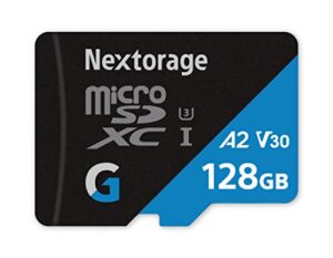 nextorage japan 128gb a2 v30 cl10 micro sd card, microsdxc memory card for nintendo-switch, steam deck, smartphones, gaming, go pro, 4k video, uhs-i u3, up to 100mb/s, with adapter (g-series)