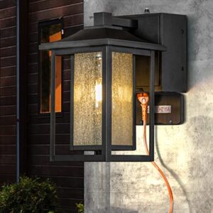 aloadecor 1 light black dusk to dawn sensor outdoor wall lantern coach sconces light with seeded glass and built-in gfci outlets modern exterior light fixture wall mount for garden w 6.3 inch
