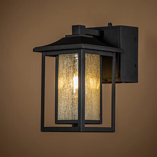 ALOADECOR 1 Light Black Dusk to Dawn Sensor Outdoor Wall Lantern Coach Sconces Light with Seeded Glass and Built-in GFCI Outlets Modern Exterior Light Fixture Wall Mount for Garden W 6.3 inch