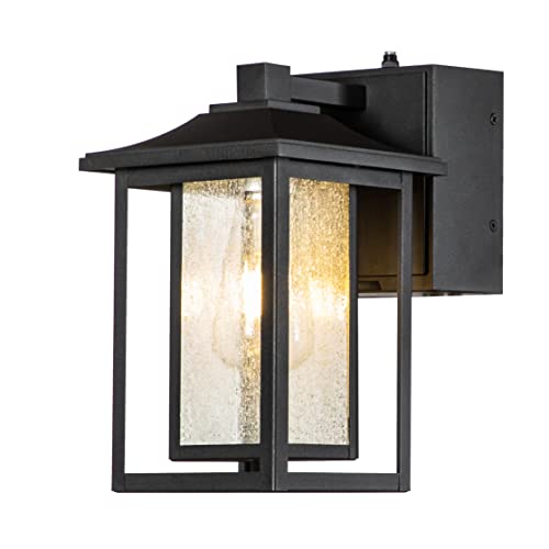 ALOADECOR 1 Light Black Dusk to Dawn Sensor Outdoor Wall Lantern Coach Sconces Light with Seeded Glass and Built-in GFCI Outlets Modern Exterior Light Fixture Wall Mount for Garden W 6.3 inch
