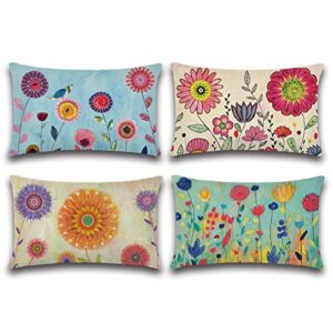 artscope set of 4 decorative throw pillow covers 12×20 inches, flowers pattern waterproof cushion covers, perfect to outdoor patio garden living room sofa farmhouse decor