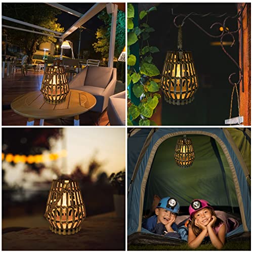 Solar Lantern Outdoor-Bamboo Lamps Patio Waterproof Rattan Solar Lanterns-Natural Auto On Off Lantern Edison Bulb Light with Handle for Hanging Table Yard Garden Wedding Home Decoration