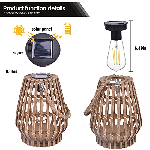 Solar Lantern Outdoor-Bamboo Lamps Patio Waterproof Rattan Solar Lanterns-Natural Auto On Off Lantern Edison Bulb Light with Handle for Hanging Table Yard Garden Wedding Home Decoration