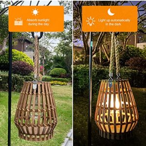 Solar Lantern Outdoor-Bamboo Lamps Patio Waterproof Rattan Solar Lanterns-Natural Auto On Off Lantern Edison Bulb Light with Handle for Hanging Table Yard Garden Wedding Home Decoration