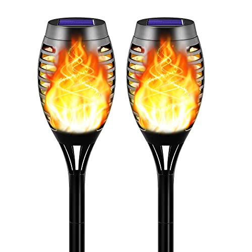 LazyBuddy Solar Torch Lights with Flickering Flame, Mini 12LED Fire Effect Solar Torches Outdoor Waterproof, Solar Powered Christmas Landscape Decorative Light for Garden Pathway Lawn Yard (2 Pack)