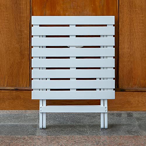 Merry Products Authentic Acacia Hardwood Compact Flat Folding Adirondack Slatted Side Table Outdoor Patio Furniture, White