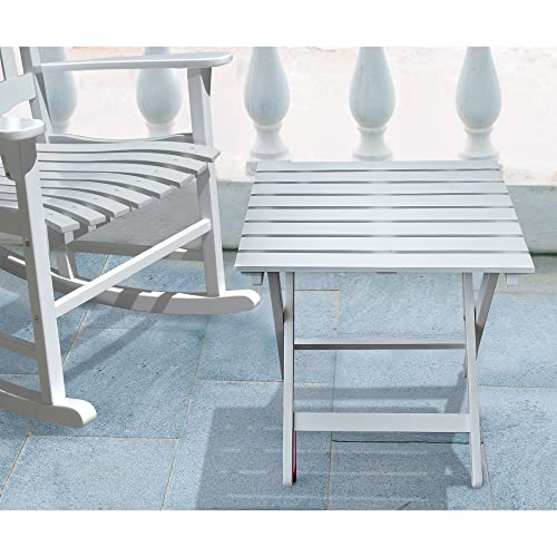 Merry Products Authentic Acacia Hardwood Compact Flat Folding Adirondack Slatted Side Table Outdoor Patio Furniture, White